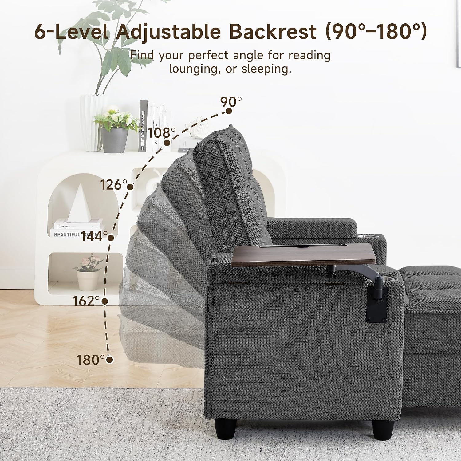 41.7" Oversized Chaise Lounge Chair Indoor, 3-in-1 Convertible Sleeper Lounger with Adjustable Backrest, Deep Seat Reading Chair with Armrest Storage, Swivel Table & Cup Holders (41.7" Dark gray)