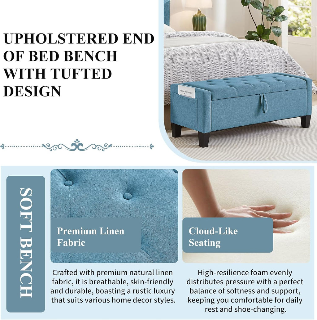 Modern Storage Ottoman Bench, Linen Upholstered End of Bed Bench with Tufted Design, Mid-Century Entryway Bench with Pull Ring, Padded Window Bench for Entryway，Bedroom (Blue+Line)