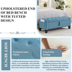 Modern Storage Ottoman Bench, Linen Upholstered End of Bed Bench with Tufted Design, Mid-Century Entryway Bench with Pull Ring, Padded Window Bench for Entryway，Bedroom (Blue+Line)