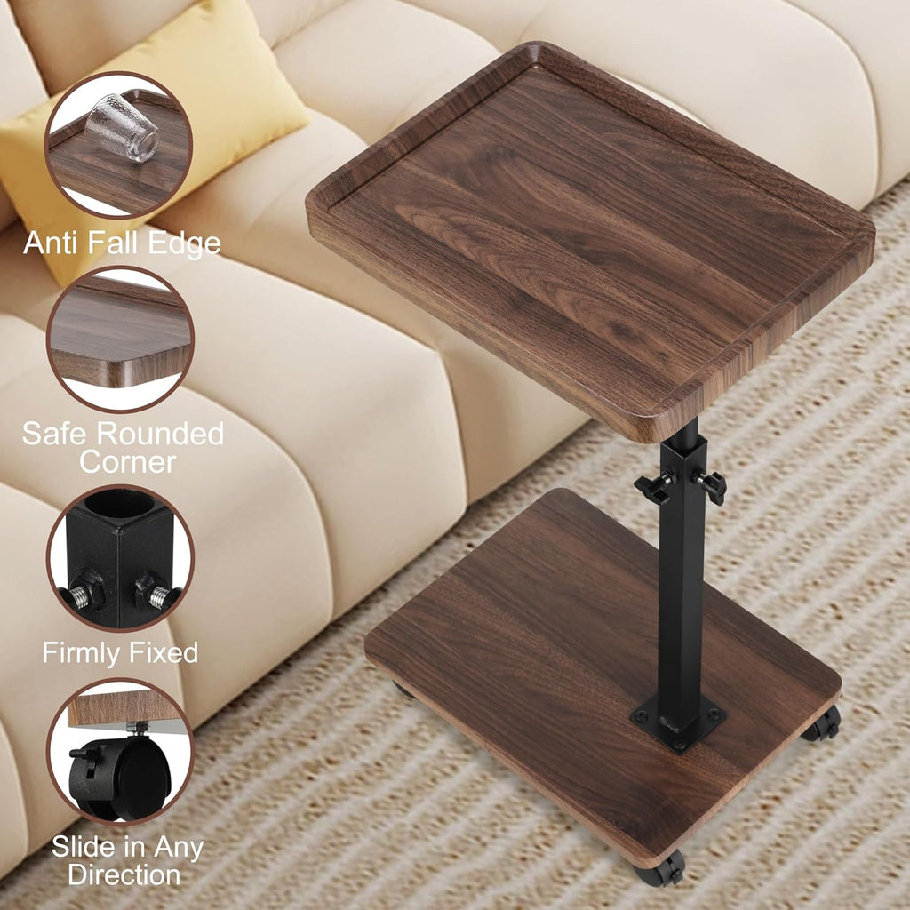 C Shaped End Table for Couch, Adjustable Height C Shaped Side Table with Wheels,TV Trays Table for Sofa, Bedroom,Living Room Small Spaces Couch Table