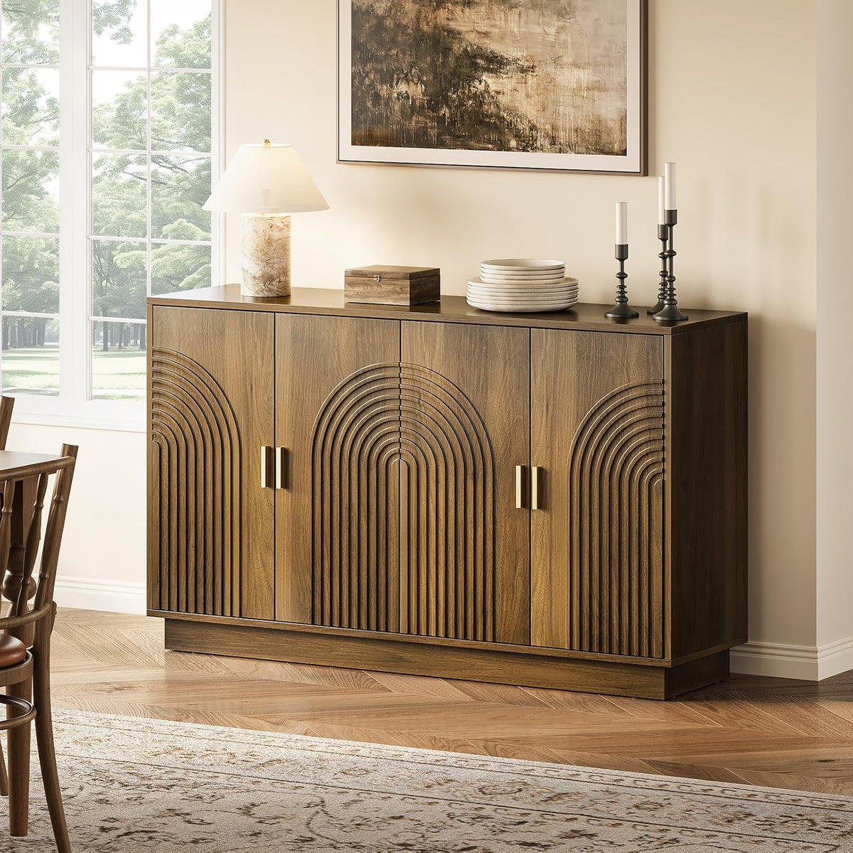 Fluted Sideboard Buffet Cabinet with Storage - 57" Credenza Coffee Bar Cabinet with 4 Doors, Accent Kitchen Storage Cabinets with Adjustable Shelves for Living Room & Kitchen, Entryway, Walnut