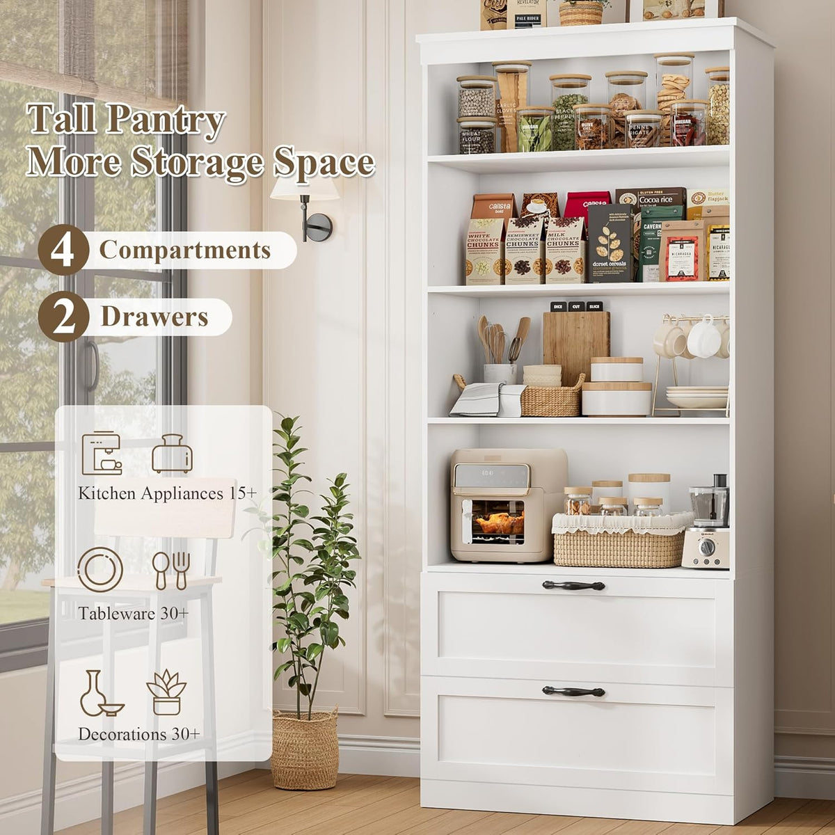 HOSTACK 70" Kitchen Pantry Storage Cabinet, Farmhouse Pantry Cabinet, White | Large Food Kitchen Pantry with 2 Wide Drawers & Adjustable Shelf, Tall Snack Cabinet with Doors, Dining Room, Living Room