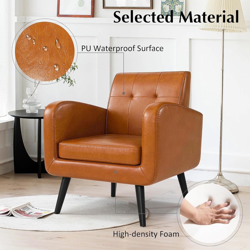 LSSPAID Accent Chair, Modern PU Leather Living Room Chairs, Comfy Upholstered Armchairs Single Sofa Chair with Solid Wood Legs for Apartment, Office, Brown