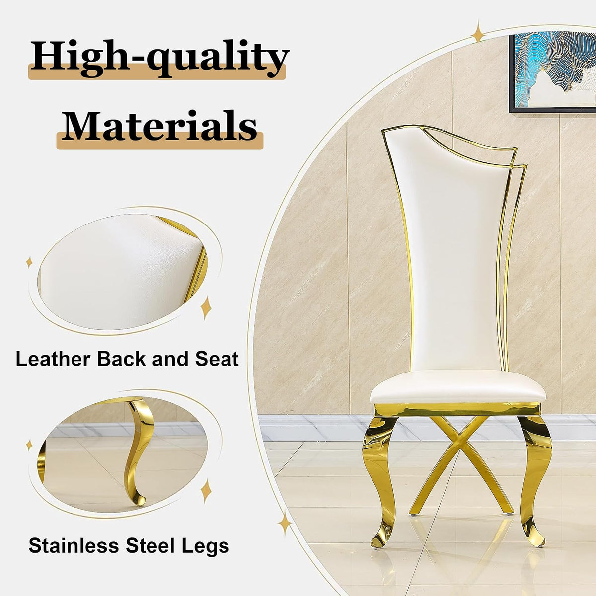 Luxury Dining Chairs Set of 4, Modern White Leather Upholstered Kitchen Chairs with High Backrest & Gold Stainless Steel Legs, Mid Century Accent Chairs for Living Room, Kitchen