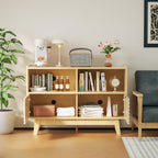 Fluted Buffet Sideboard Oak, Modern Storage Cabinet w/Cord Cutout, Accent Cabinet with Solid Wood Legs, Console Table w/Swing Doors & Open Shelves, Credenza for Living Room, Hallway, Entryway