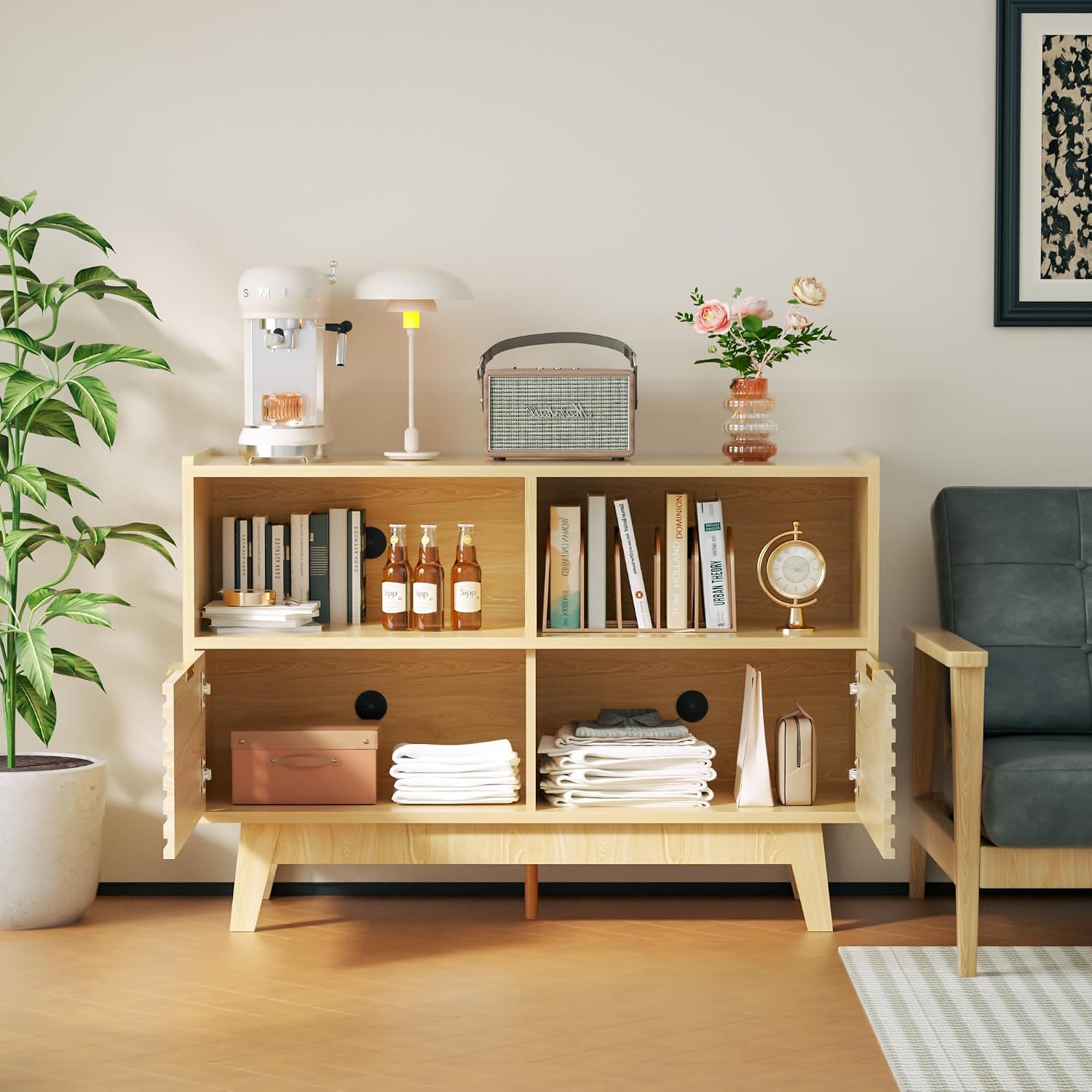 Fluted Buffet Sideboard Oak, Modern Storage Cabinet w/Cord Cutout, Accent Cabinet with Solid Wood Legs, Console Table w/Swing Doors & Open Shelves, Credenza for Living Room, Hallway, Entryway