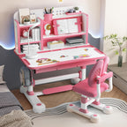 Upgraded Kids Desk and Chair Set, 50 Degree Tiltable&Height Adjustable Kids Desk with Storage Drawers and Bookshelf, Ergonomic Study Table for Kid (Pink-New Type)