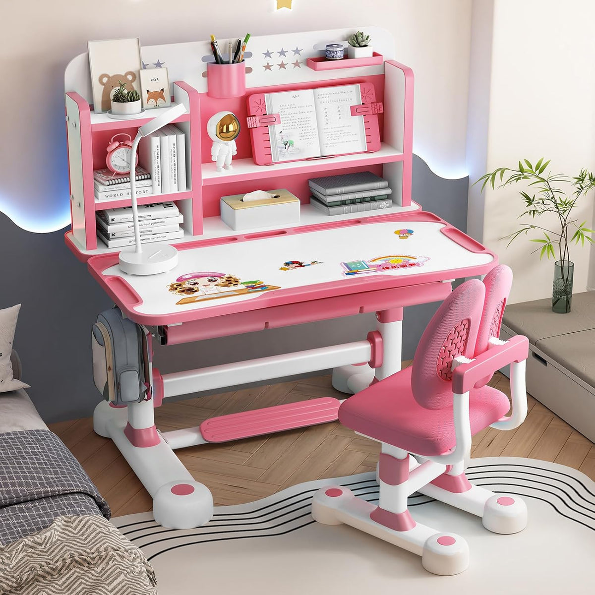 Upgraded Kids Desk and Chair Set, 50 Degree Tiltable&Height Adjustable Kids Desk with Storage Drawers and Bookshelf, Ergonomic Study Table for Kid (Pink-New Type)