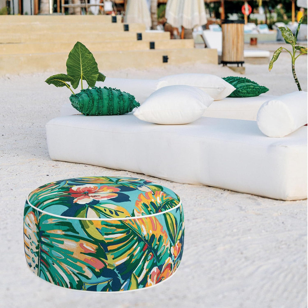 FUNHOME Inflatable Stool Ottoman Footrest with Handle, All Weather Footrest Seat D20 xH9, Water Repellent Footstool Pouf for Home Patio Garden and Camping Use-Rosario Flower Leaf