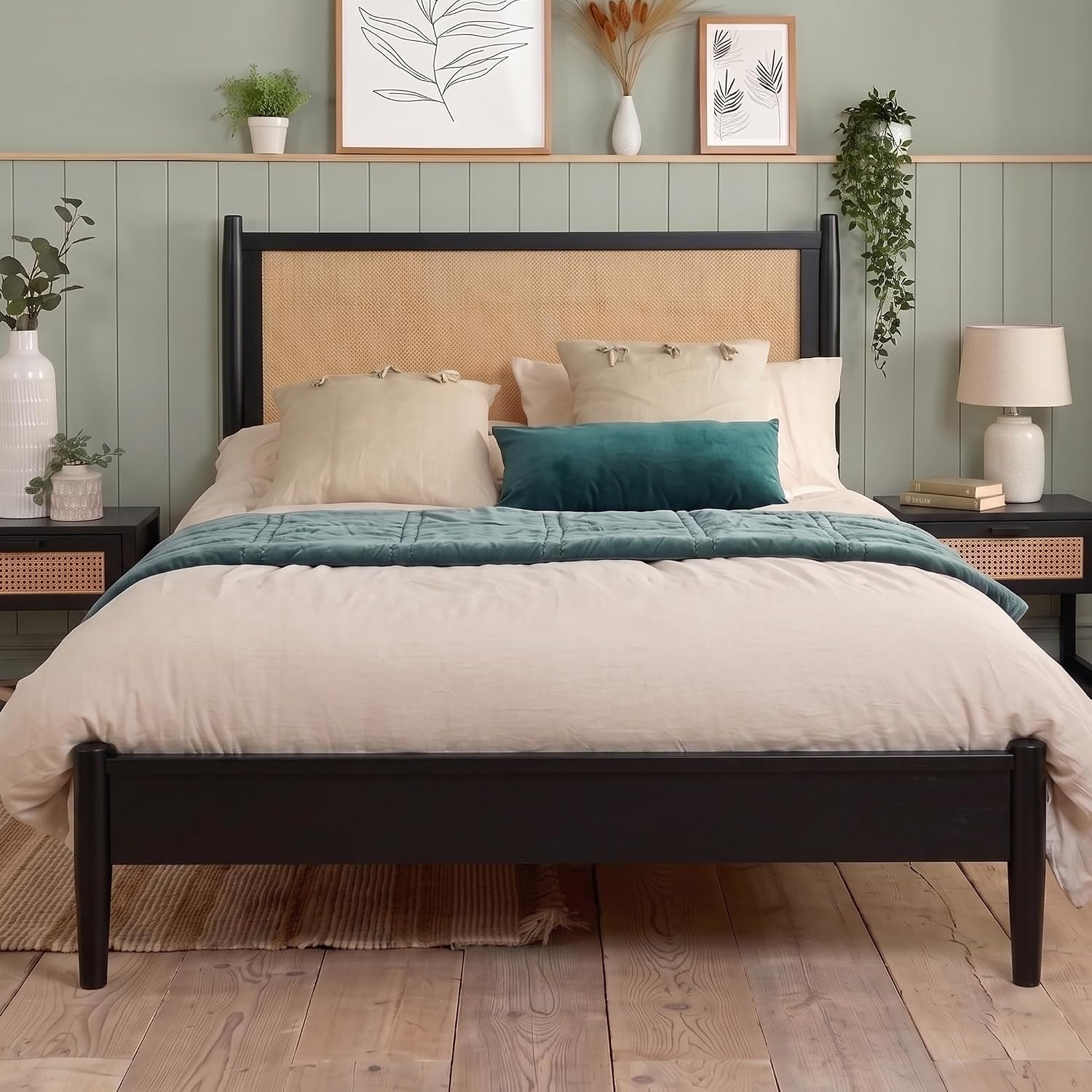 Merax Black Queen Size Platform Bed Frame with Rattan Headboard