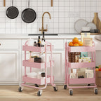 Metal Rolling Cart,3-Tier Pink Rolling Cart with Wheels,Metal Utility Cart with Wheels for Office,Home,Kitchen,Garden（13.4"x18.1"x31"） Pink