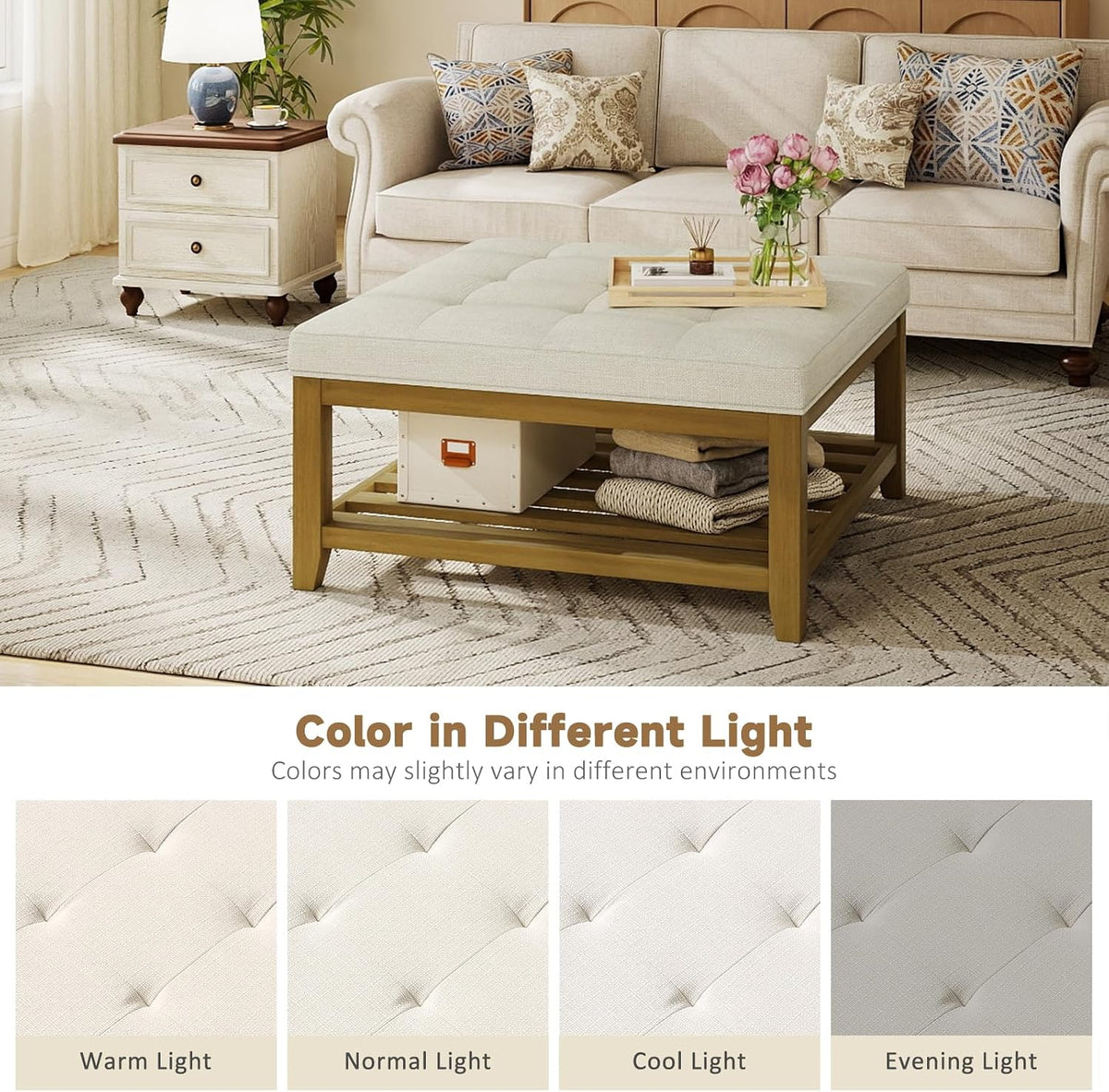 Befurtori Large Square Ottoman Coffee Table, Linen Solid Upholstered Footrest Ottoman with Solid Wood Shelf Storage Tufted Coffee Table for Bedroom Living Room, Ivory