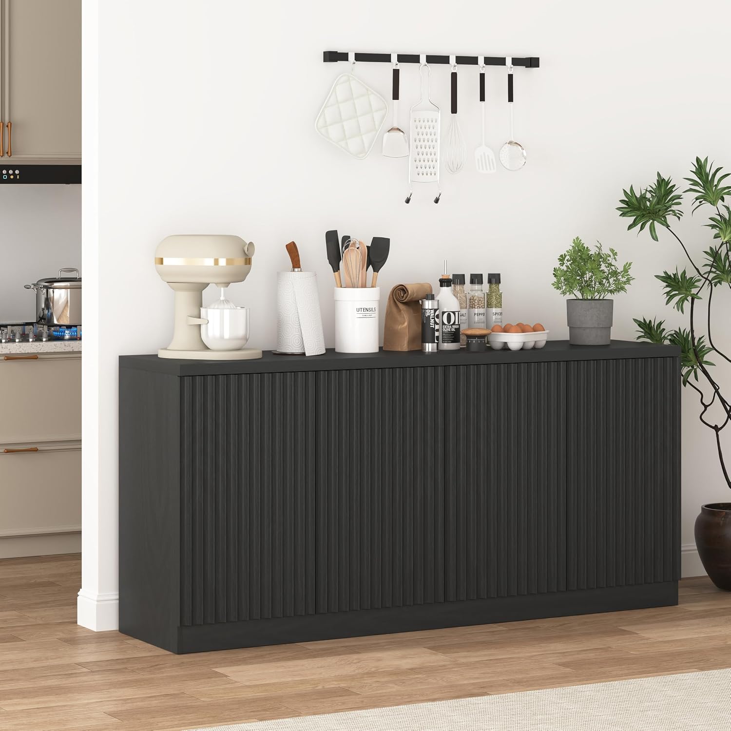 63" Fluted Buffet Cabinet Sideboard with Storage,Large Credenza with 4 Doors with Adjustable Shelves,Wood Mid Century Modern Sideboard for Kitchen, Living Room,Entryway(Black)