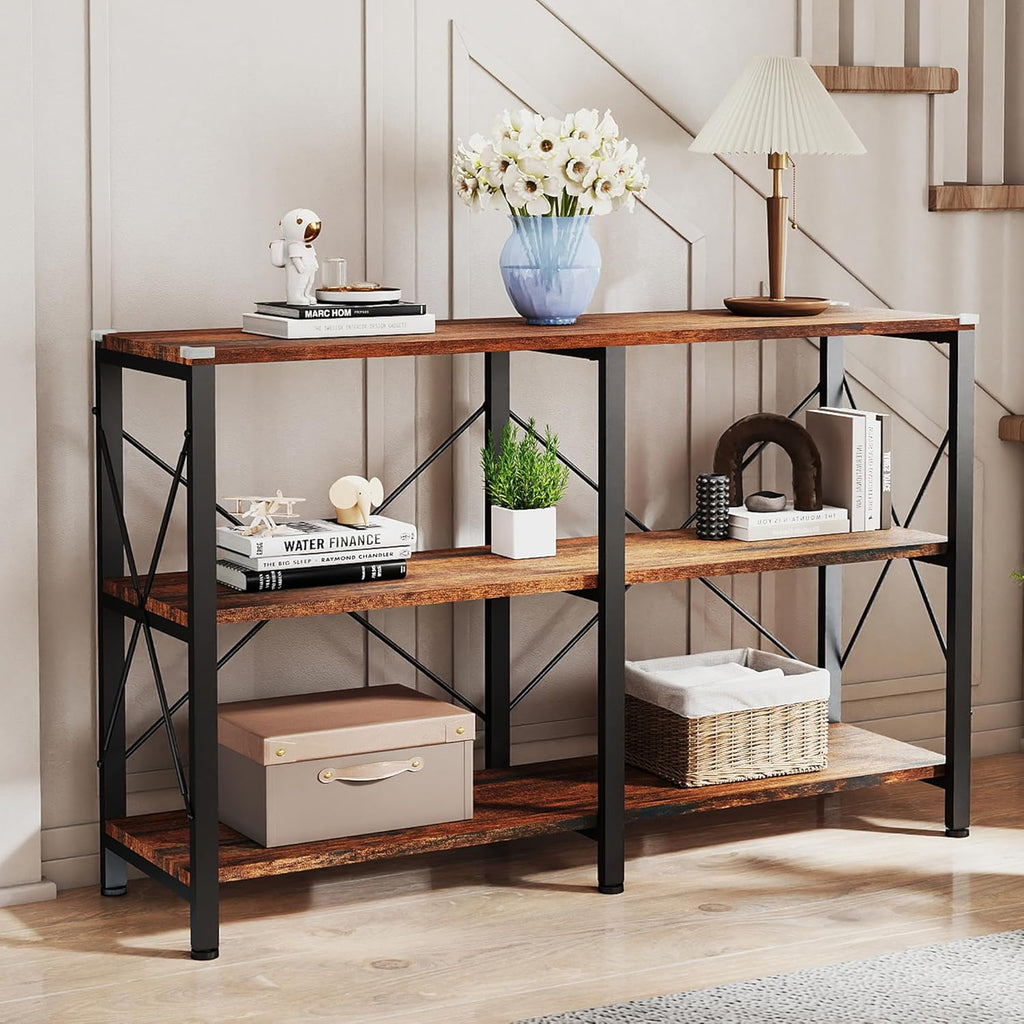 47" 3 Tier Industrial Book Shelf, Free Standing Horizontal Low Metal Rustic Farmhouse Book Case with Wood Shelves for Home Office, Den, or Living Room Rustic Brown and Black