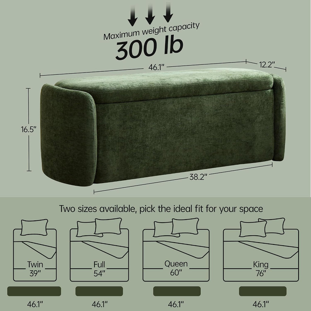 VKNOW Storage Bench, Upholstered Storage Ottoman Bench with Hinge, Green | Ottoman Bench with Large Capacity, Curved Frame, Soft Fabric, Storage Bench for Bedroom, Living Room, Entryway, Window