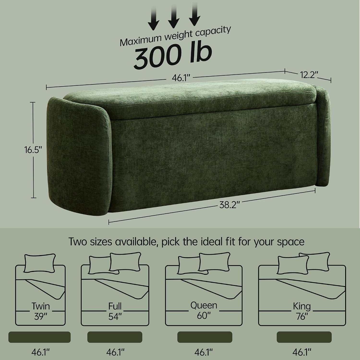 VKNOW Storage Bench, Upholstered Storage Ottoman Bench with Hinge, Green | Ottoman Bench with Large Capacity, Curved Frame, Soft Fabric, Storage Bench for Bedroom, Living Room, Entryway, Window