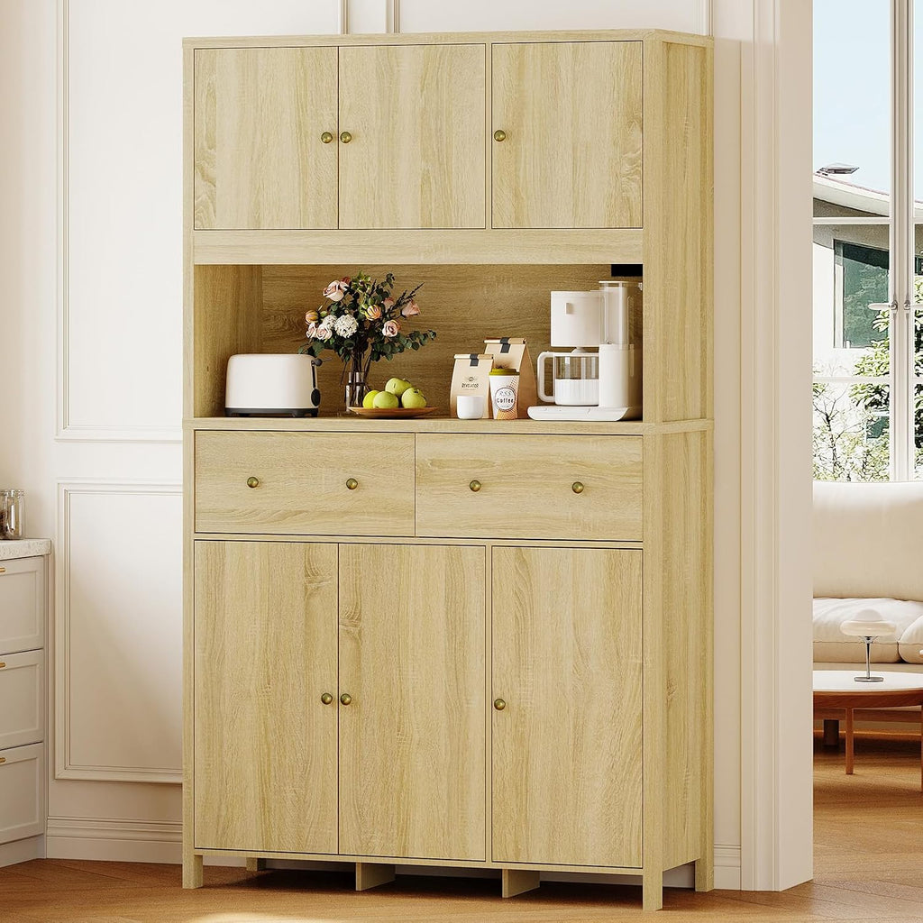 GarveeHome 71" Tall Kitchen Pantry Cabinet with Charing Station, Kitchen Pantry Storage Cabinet with Countertop, Modern Kitchens Hutch Cabinets with Storage for Living Room Dining Room, Natural