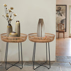 Oakrain Rattan End Table, Nesting Tables, Set of 2, Bamboo, Round, Metal Base, for Boho Living Room, Sofa, Bedroom, Terrace (18.11inch, Set of 2)