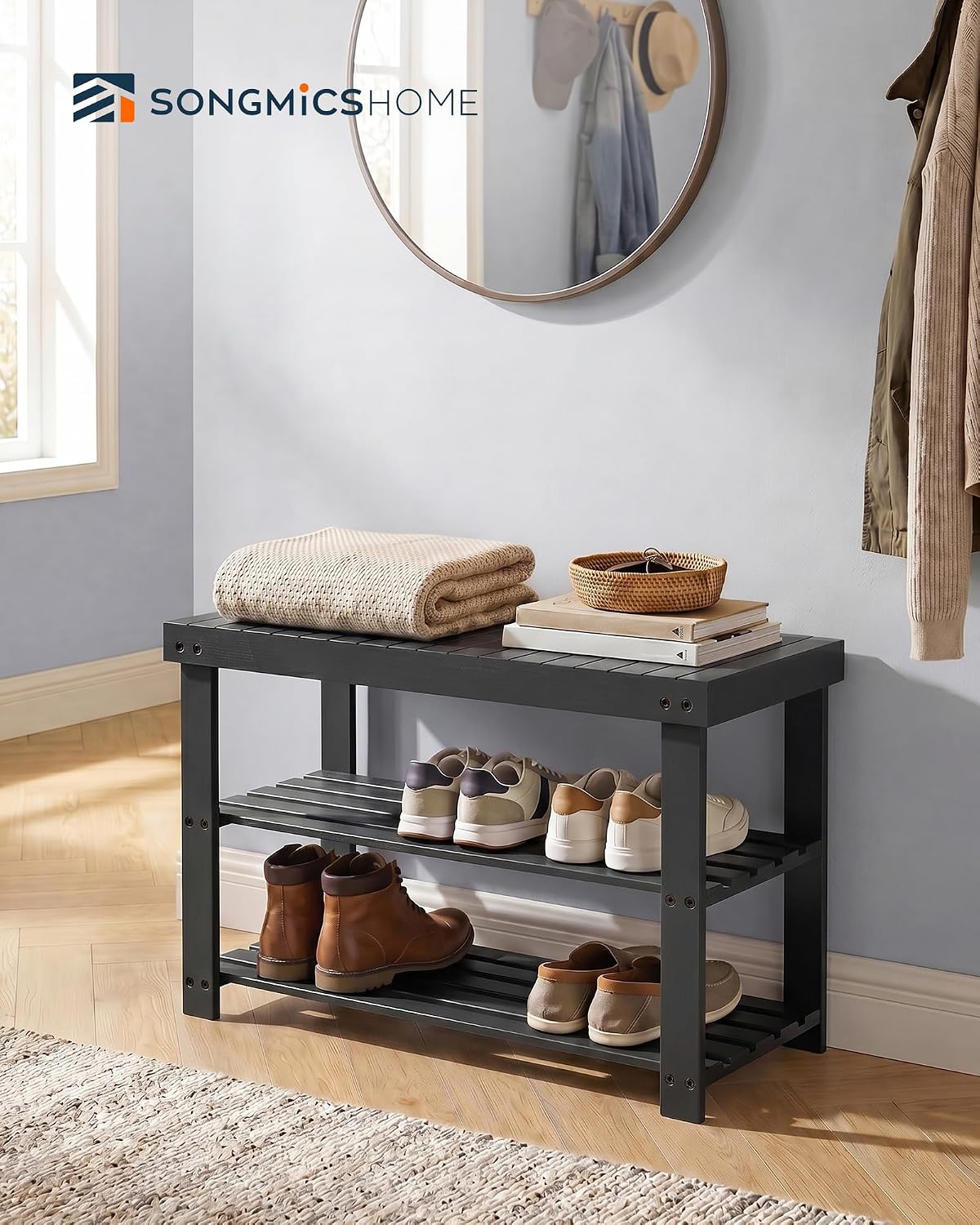 SONGMICS HOME 3-Tier Bamboo Shoe Bench, Shoe Rack, for Entryway Bathroom Bedroom, 11.5 x 27.8 x 18 Inches, Black