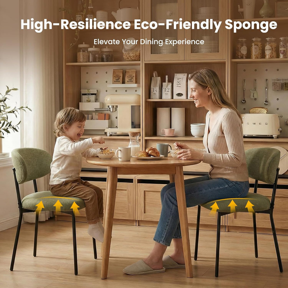 Upholstered Dining Chairs Set of 2, Modern Fabric Kitchen Chairs with Curved Backrest and Cushioned Seat, Sturdy Metal Legs, Modern Dining Chairs for Kitchen Dining Room, Living Room,Green