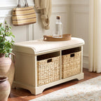 SAFAVIEH Furniture - Freddy 2-Basket Storage Bench - Sand - Solid Wood - Coastal Basket Storage Design - Ideal for Entryway, Living Room, Hallway, 18" Seat Height - Fully Assembled (AMH5736J)