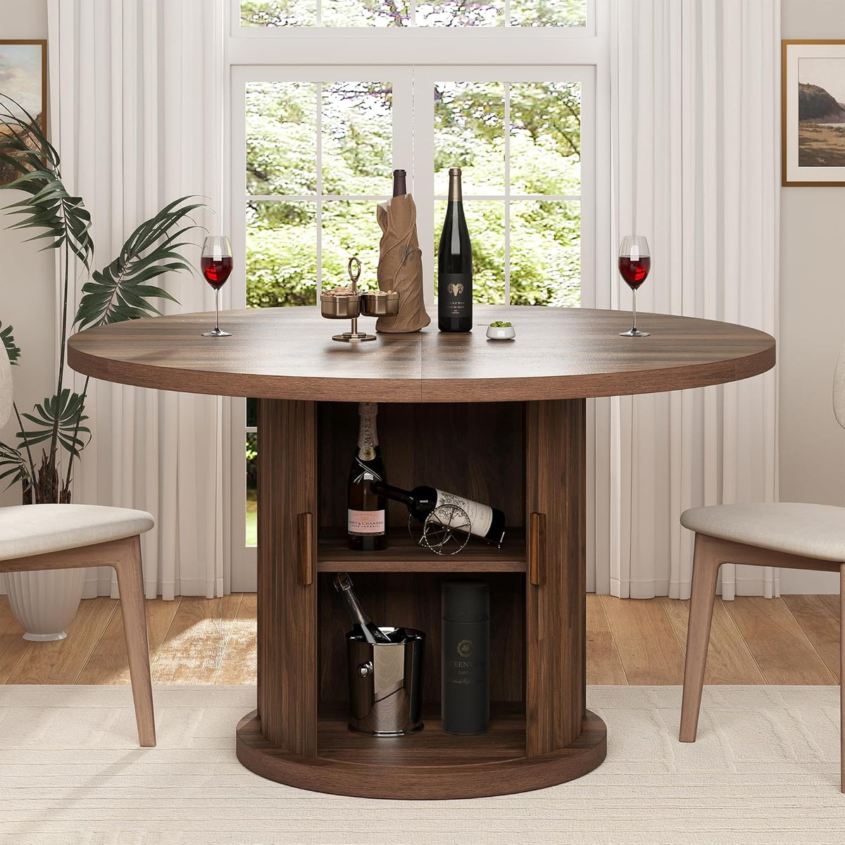 knoworld 47" Round Dining Table for 4-6, Modern Fluted Pedestal Kitchen Table with Hidden Storage, Walnut Wood Circle Dinner Table for Dining Room & Small Spaces, Walnut