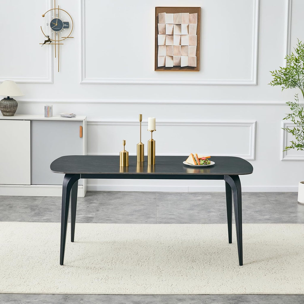 Modern Rectangular Dining Table,63”Sintered Stone Dining Table for 4-6, Black Stone Top with Carbon Steel Frame for Small Space,Kitchen Office,Apartment,Cafe