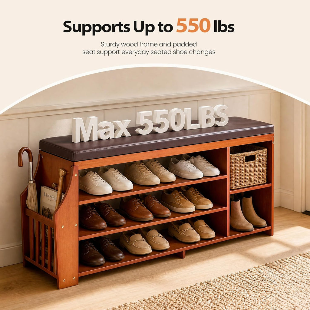 OAKHAM 50" Bamboo Shoe Storage Bench with Comfortable Padded Faux Leather Seat and 550 lbs Capacity, 3-Level Adjustable Shelf, Side Storage Slot and 3 Hooks for Entryway Hallway Mudroom, Brown