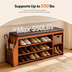 OAKHAM 50" Bamboo Shoe Storage Bench with Comfortable Padded Faux Leather Seat and 550 lbs Capacity, 3-Level Adjustable Shelf, Side Storage Slot and 3 Hooks for Entryway Hallway Mudroom, Brown