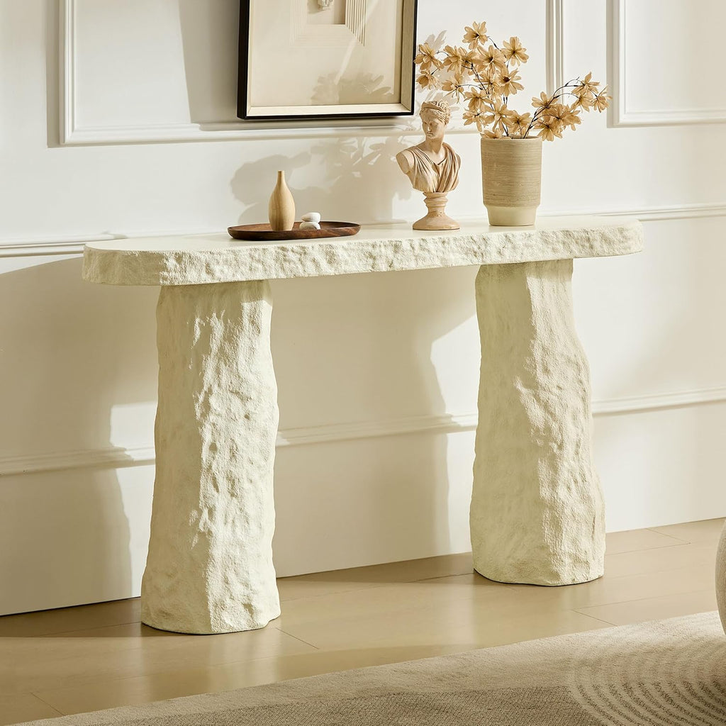 53.94" Modern Console Table,Imitation Stone Table,Fiberglass Entryway Table Long Sofa Table with Round Edge Design for Living Room,Hallway (Beige)