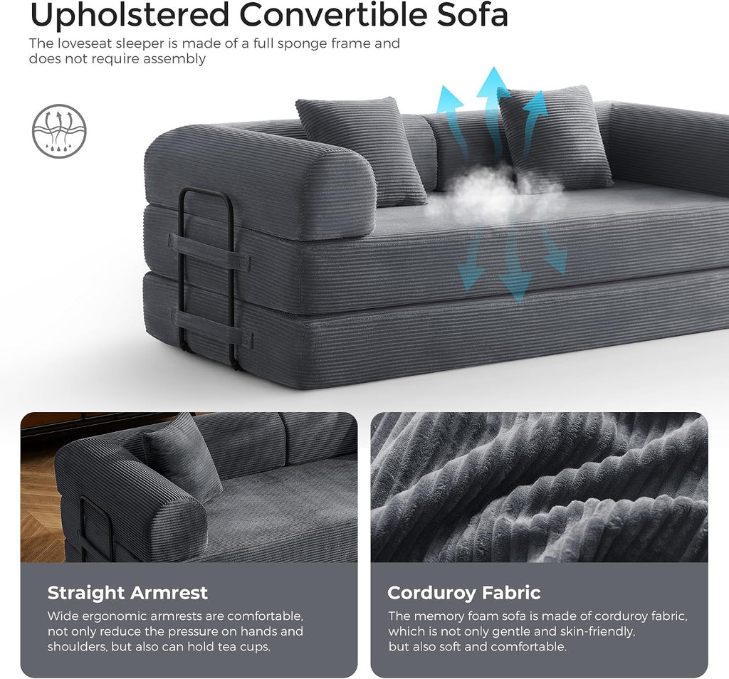 79" Convertible Futon Sofa Bed, Couch for Living Room | Dark Gray | Folding Corduroy Sleeper Sofa, Modular Futon Couch with Fixed-Shape Frame, Pull Out Couch No Assembly