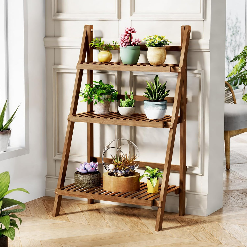 Bamboo Ladder Shelf 3-Tier Foldable Plant Stand, 23.6"W x 15"D x 39.4"H Freestanding Flower Pot Display Rack for Garden, Balcony, Patio, or Living Room, Walnut