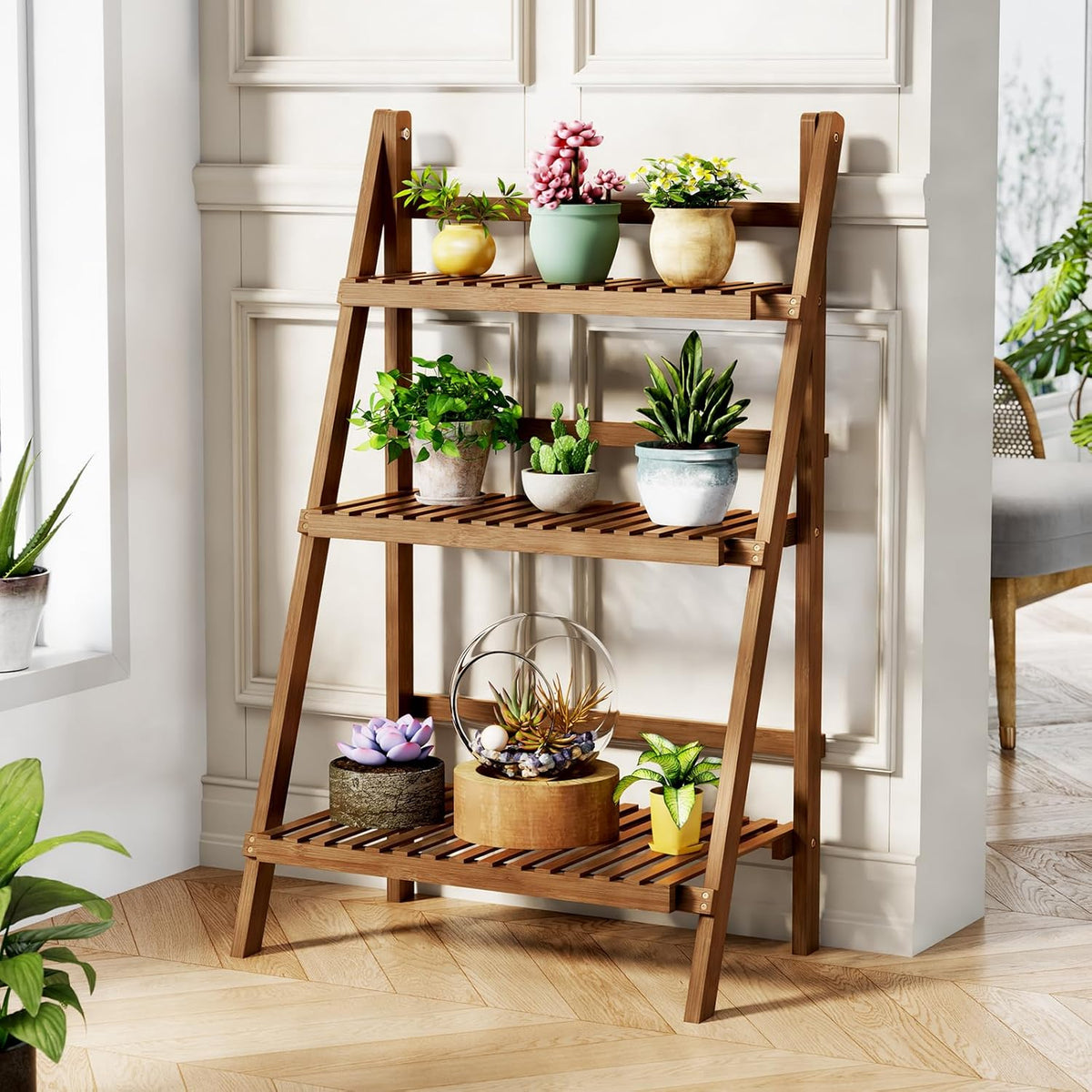 Bamboo Ladder Shelf 3-Tier Foldable Plant Stand, 23.6"W x 15"D x 39.4"H Freestanding Flower Pot Display Rack for Garden, Balcony, Patio, or Living Room, Walnut