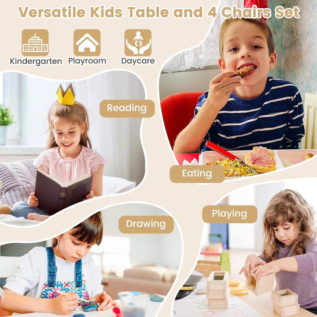 GLACER Kids Table and Chairs, Brich Round Toddler Table and Chair Set with Toy Bricks, Smooth Surfaces & Ergonomic Backrest, Activity Desk for Playroom, Classroom, Daycare, or Home Use (Natural)