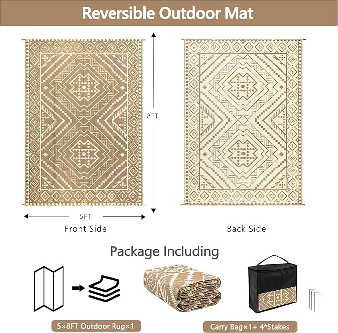 Waterproof Outdoor Rug 5x8 ft, Reversible Plastic Straw Mat, Large Floor Mat for Patio, Camping, Picnic, Backyard RV, Deck, Beige
