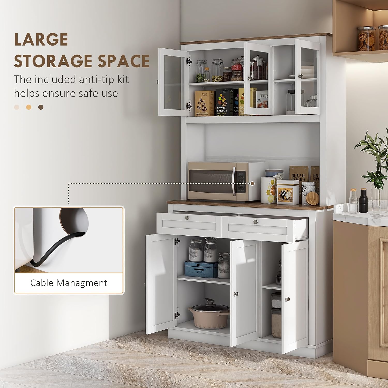 71" Tall Kitchen Pantry, Freestanding Kitchen Hutch Storage Cabinet with Glass Doors, 2 Drawers, Adjustable Shelves for Dining Room Kitchen