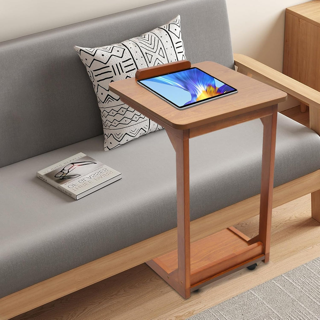 Side Table with Wheels, C Shaped Table for Sofa Bedside, 15.7"x15.7"x24.8“, End Tables Adjustable Desktop (0-40°) for Living Room,Bedroom (Walnut)