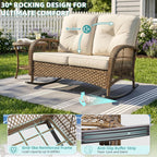 MEETWARM Outdoor Wicker Loveseat Rocking Chair, Loveseat for 2 Person Porch Furniture Rocker with Glass-Top Coffee Table, All-Weather Rattan Patio Rocking Bench with Thickened Cushions, Brown
