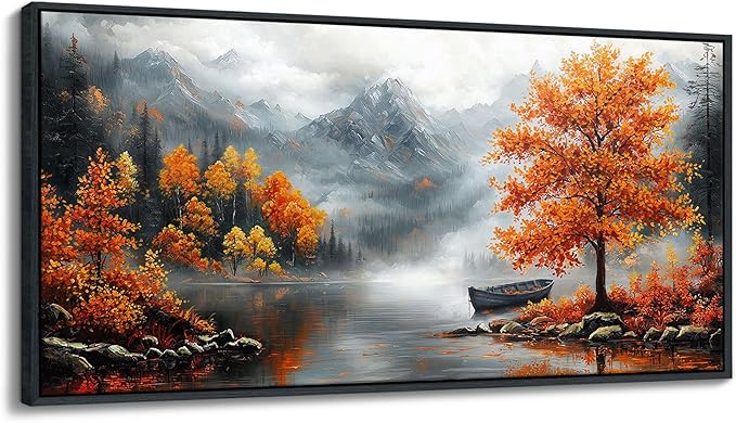 JEAWA Large Framed Canvas Painting - 24x48 IN Landscape Wall Decor Ready to Hang, Majestic Mountain Picture, Orange Trees by the Lake Art Prints for Bedroom Living Room Home Decoration