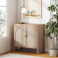 Nathan James Paxton Mid-Century Modern Wood Storage Cabinet with Doors, Arched Storage Cabinet for Living Room or Kitchen with Rattan Door Details, Raw Oak