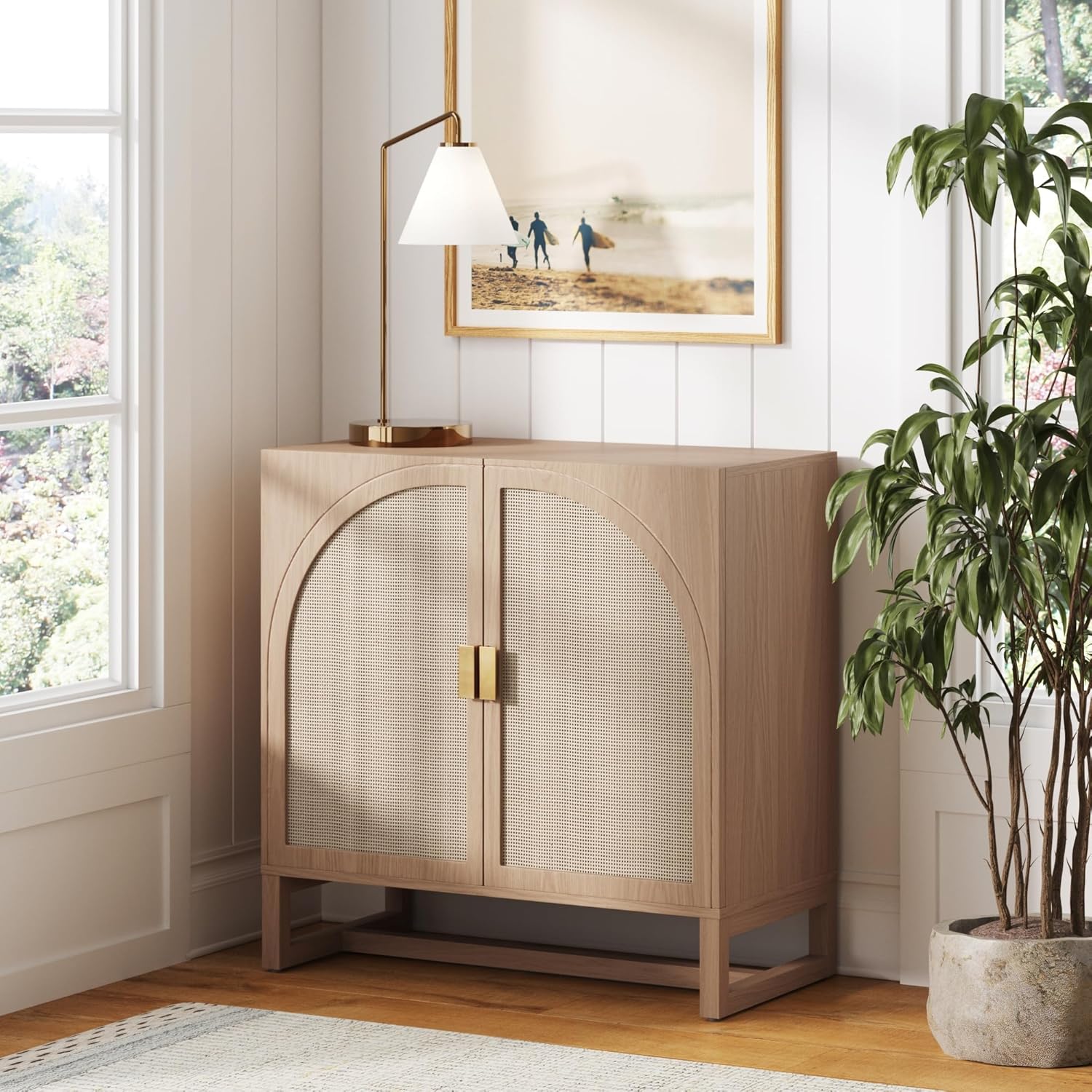 Nathan James Paxton Mid-Century Modern Wood Storage Cabinet with Doors, Arched Storage Cabinet for Living Room or Kitchen with Rattan Door Details, Raw Oak