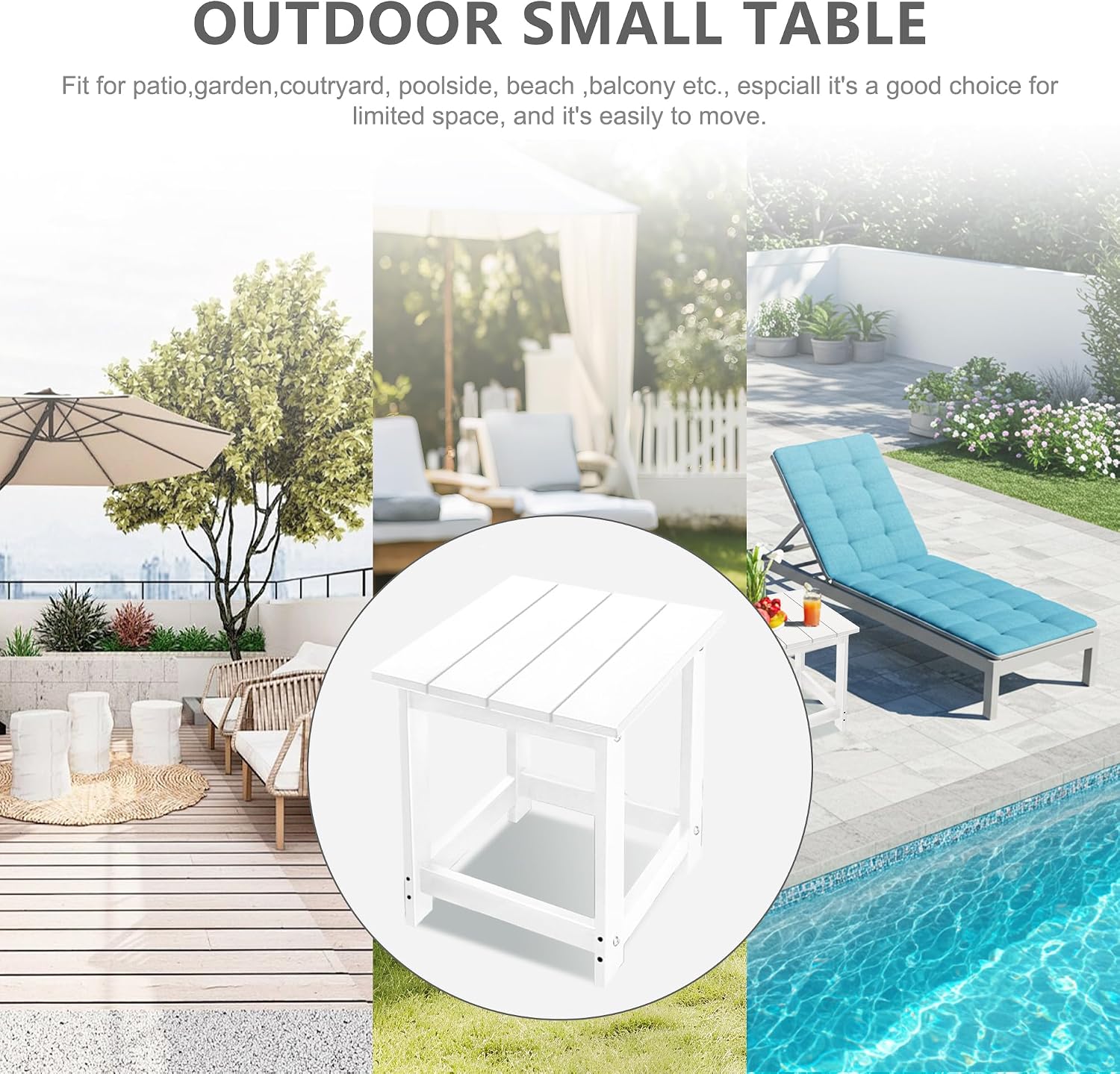 LZRS Patio Side Table, Heavy Duty HDPE Outdoor End Table with Wood Texture, Weatherproof Composite Table for Adirondack Chairs, Deck, Pool, Indoor/Outdoor, No Peeling or Cracking(White)