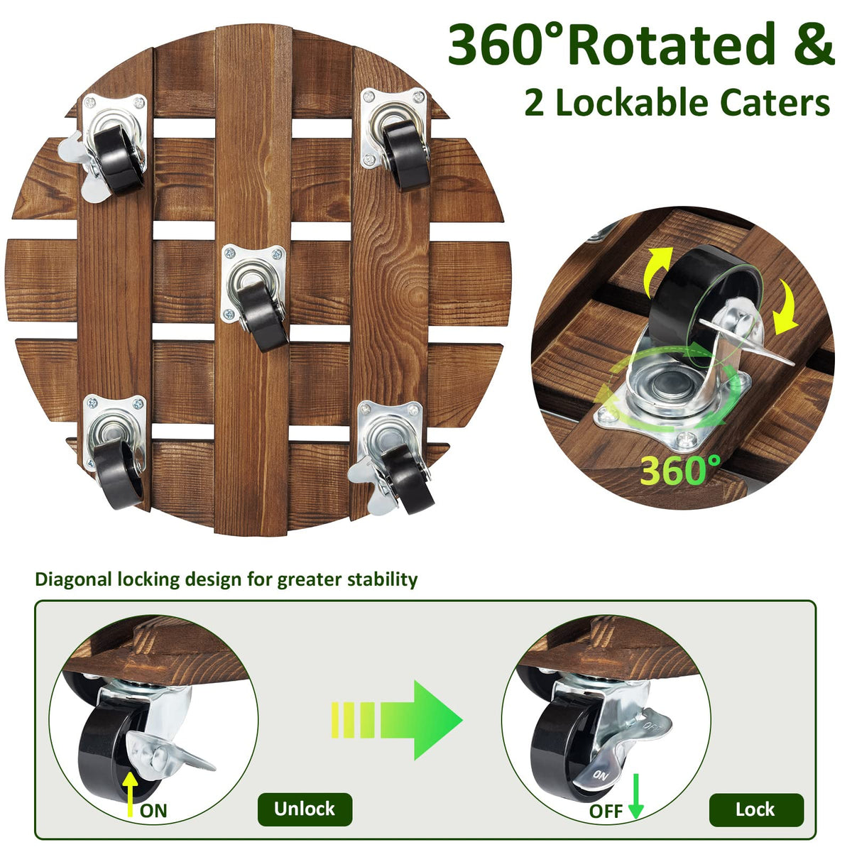 Yangbaga 2pack Plant Caddy 12’’Wood Duty Rolling Plant Stand with 2 360° Lockable Caster Wheels,Indoor Outdoor on Roller Patio/Flower Pot/Succulent Pots