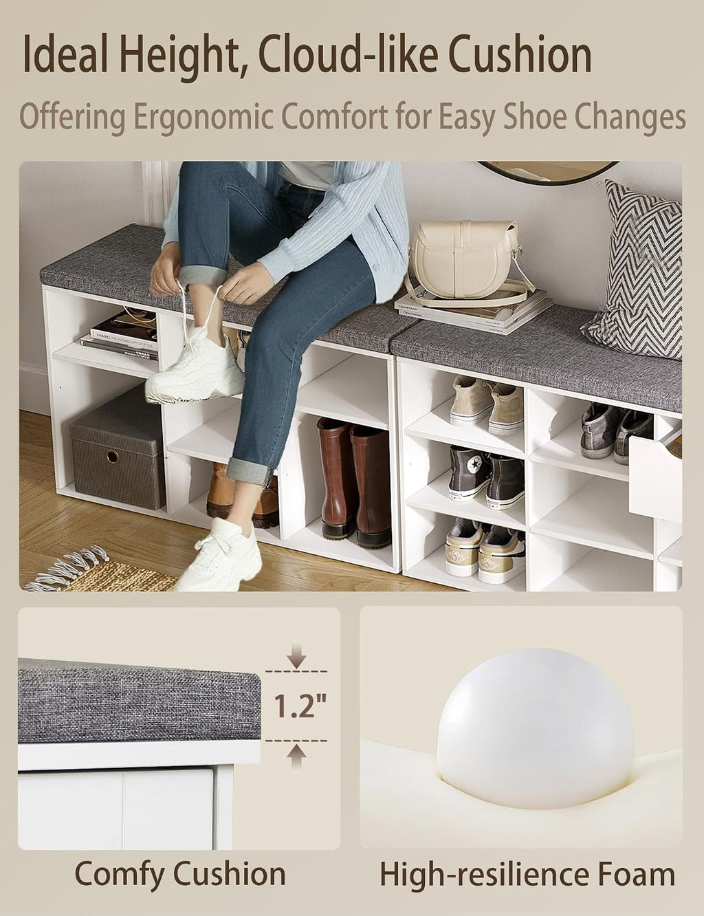 DINZI LVJ Shoe Storage Bench with Cushion, Cubby Shoe Rack with 9 Cubbies, Adjustable Shelves, Multifunctional Shoe Organizer Bench for Entryway, Mudroom, Hallway, Closet and Garage, White