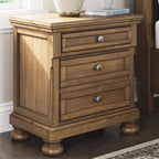 Signature Design by Ashley 2-Drawer Wood Nightstand, Chestnut Brown | Poplar solids, Pine veneer and MDF substrate, 30 in height, English dovetail construction, Hidden tray, Glarrison Series