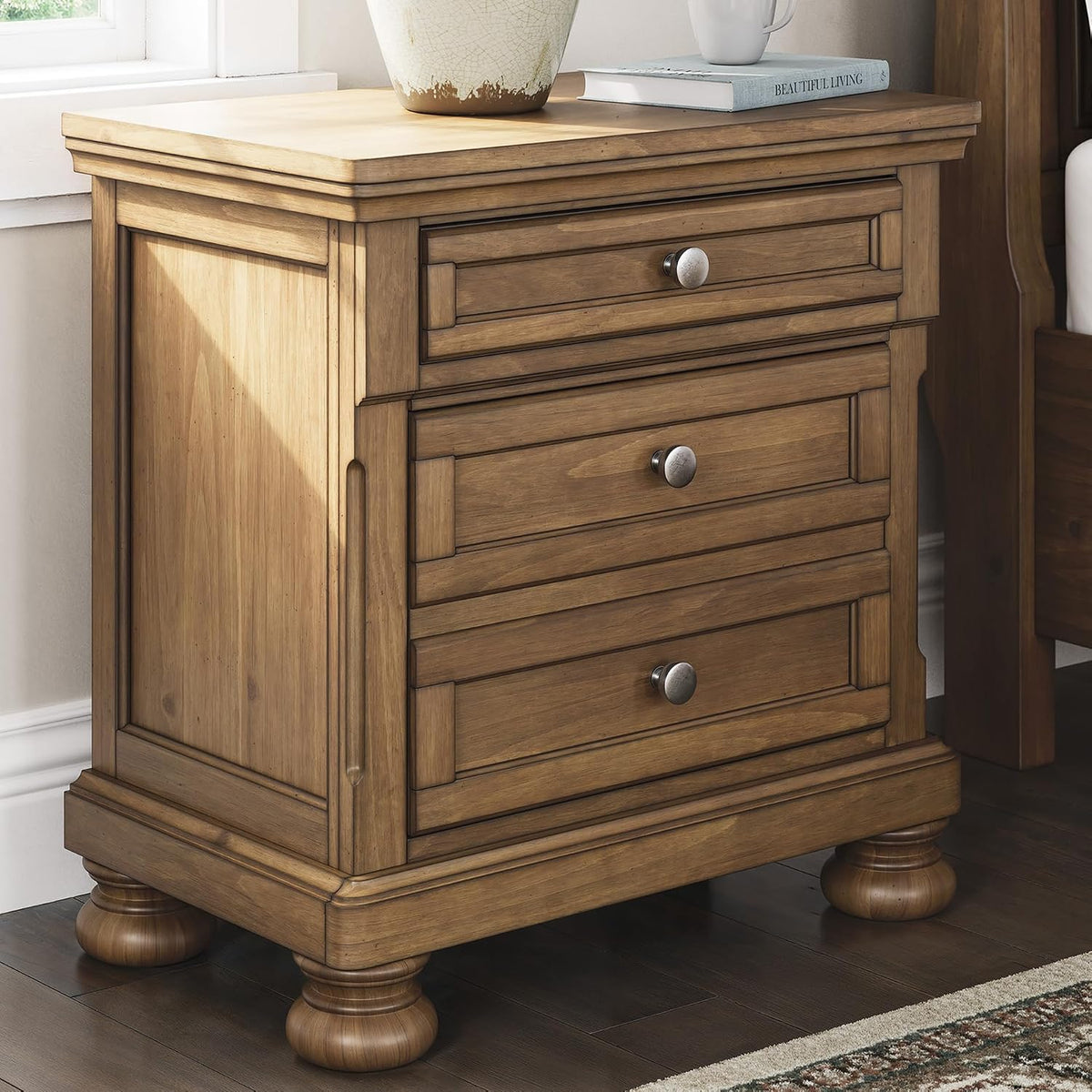 Signature Design by Ashley 2-Drawer Wood Nightstand, Chestnut Brown | Poplar solids, Pine veneer and MDF substrate, 30 in height, English dovetail construction, Hidden tray, Glarrison Series