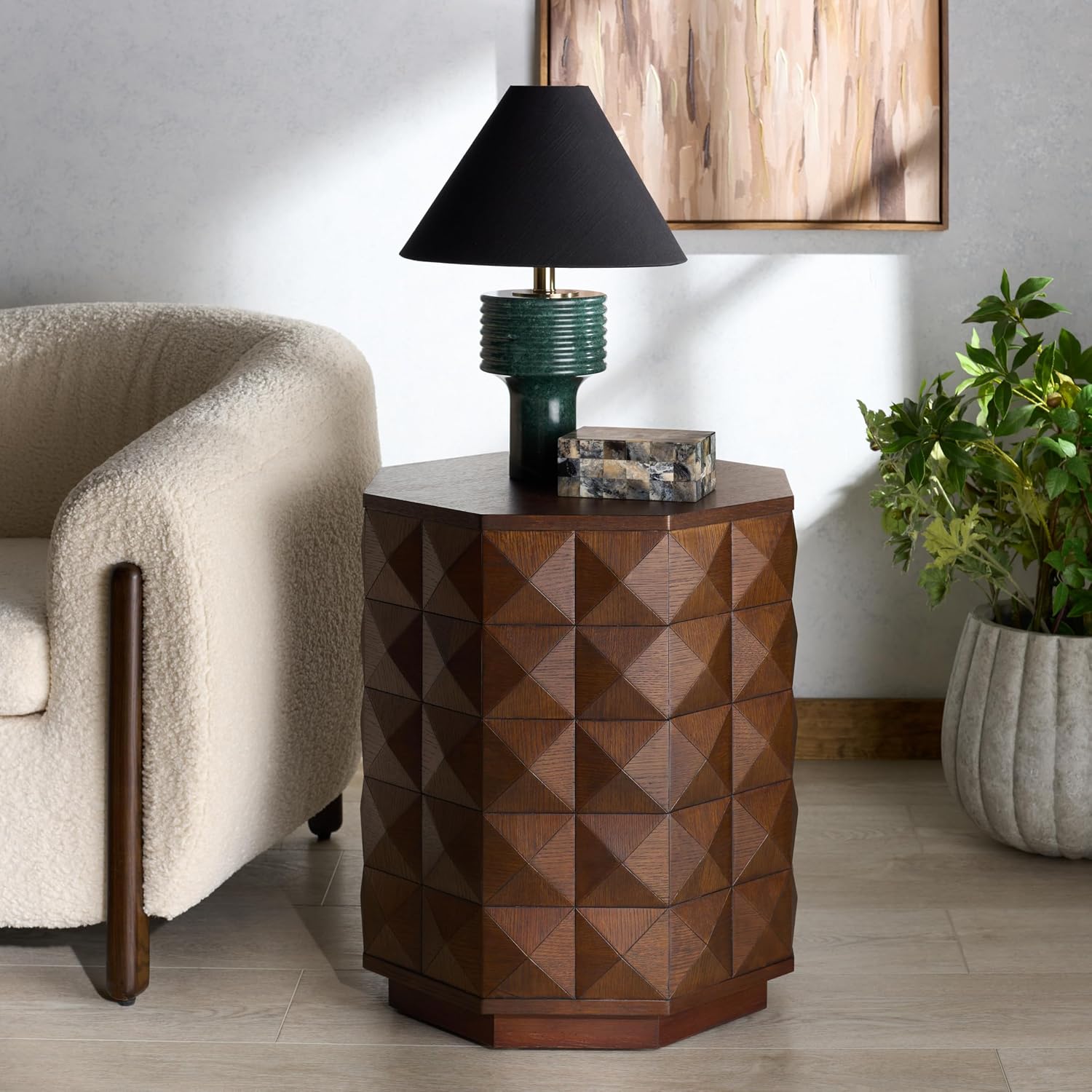 SAFAVIEH Couture Collection - Patty Walnut Accent Table, Octagonal Side Table, Carved Design, Fully Assembled (SFV7252B)