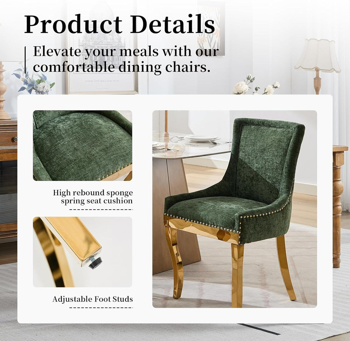 Upholstered Dining Chairs Set of 4, Chenille Fabric Dining Room Chairs with with Gold Stainless Steel Legs, Nailhead Trim, Modern Farmhouse Accent Chairs for Dining Room or Kitchen, Olive Green