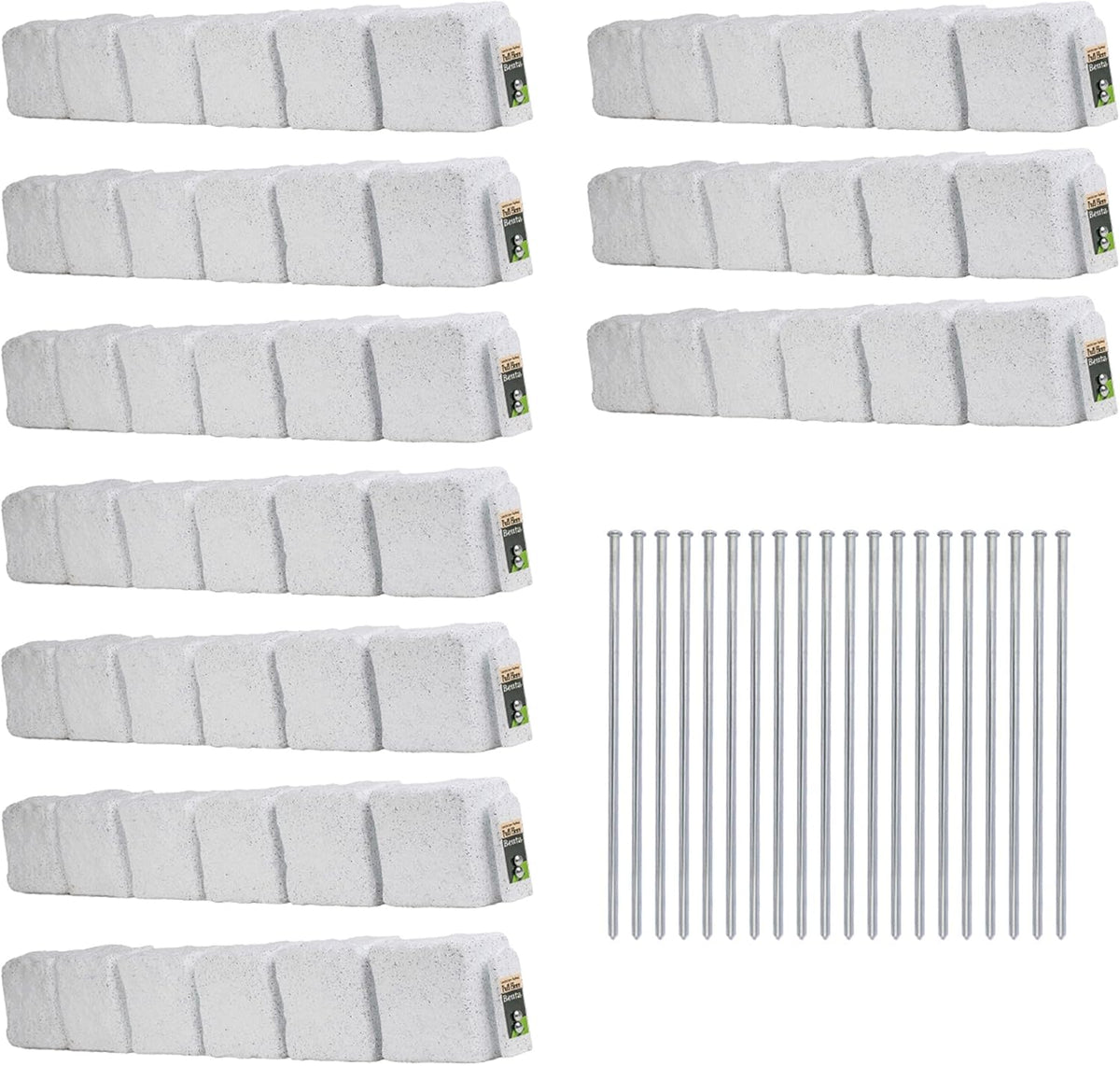 Beuta Landscape Edging | Garden Edging Border | Faux Stone Blocks for Lawn Edging, Flower Beds & Yard Edging – 10 Pack | Each Section Has 6 Blocks 48" L x 4" W x 6.5" H | 20 Spikes | Limewash