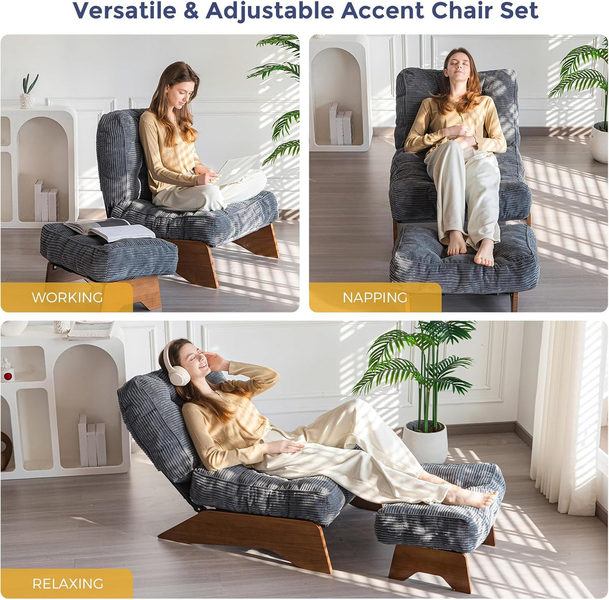 MAXYOYO Accent Chair with Ottoman, Lounge Chair with Adjustable Backrest | Tufted Living Room Chair Upholstered Lounge Chair with Footrest Set, Modern Chair for Reading Room, Dark Grey